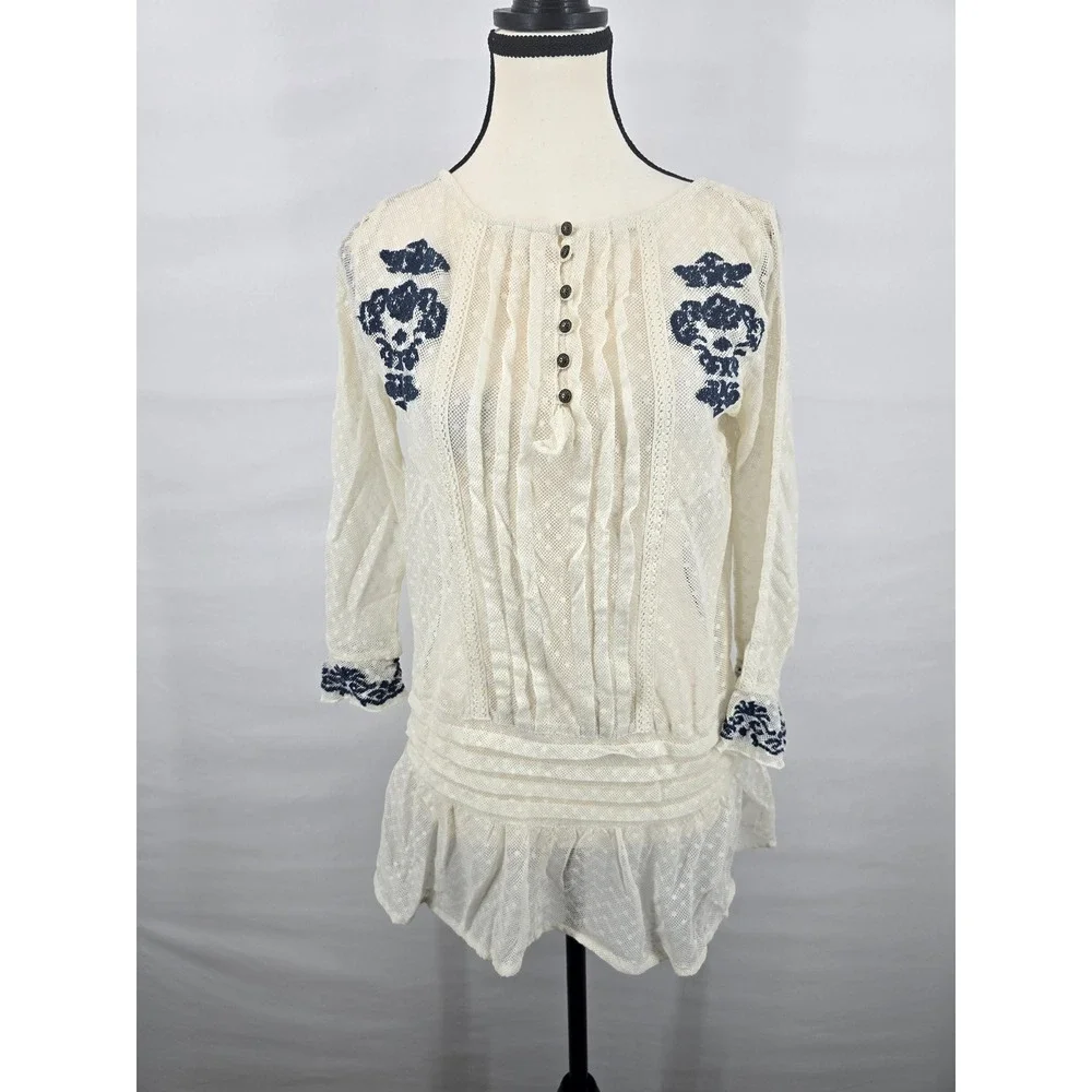 Free People Ivory Lace Embroidered Tunic Top Navy Blue Boho Henley Small